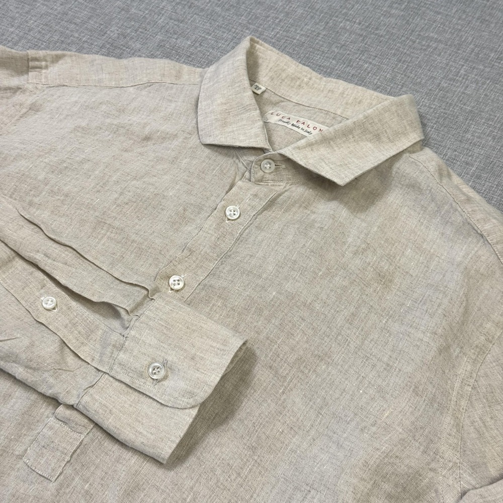Luca Faloni Linen Popover Button-Up Shirt Mens 16.5 42 Beige Long Sleeve Italy